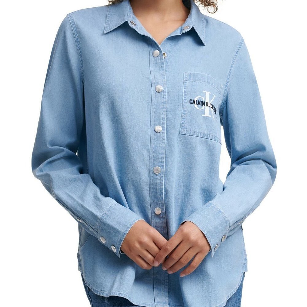 JR337 Calvin Klein Jeans Blue Juniors Logo Button Front Top Size XS - Picture 1 of 1